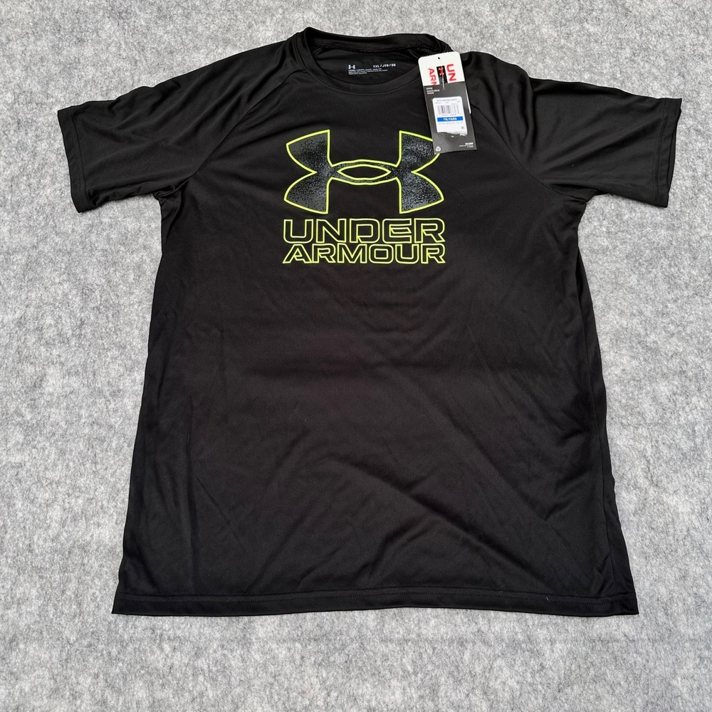 Under Armour Boys Black Neon Yellow Tech Hybrid Print Fill T-Shirt YXL